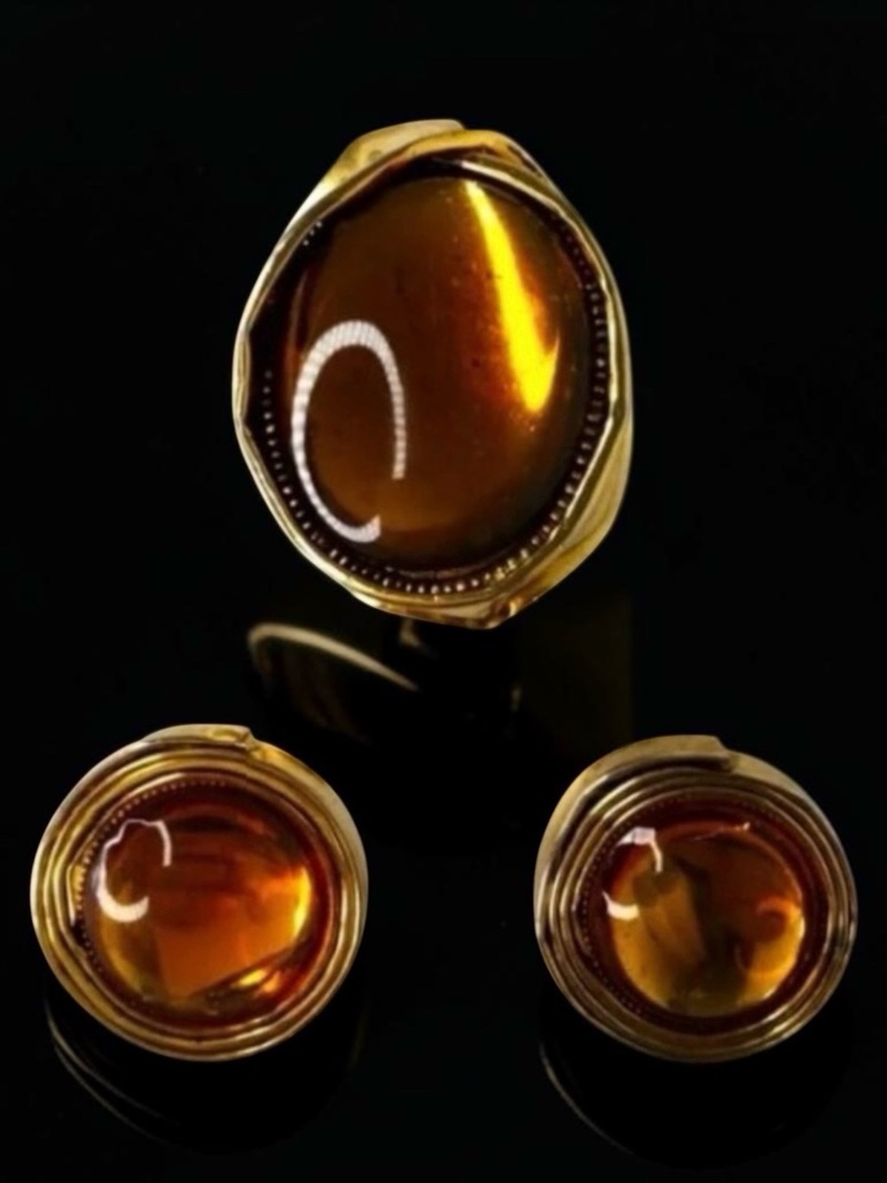 Vintage Hattie Carnegie MCM Brutalist Brooch & Clip Earrings Set w/ Amber Glass